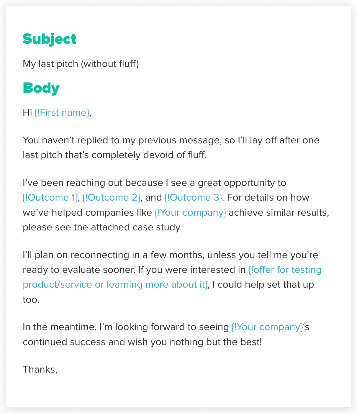 b2b email template example: final outreach email template