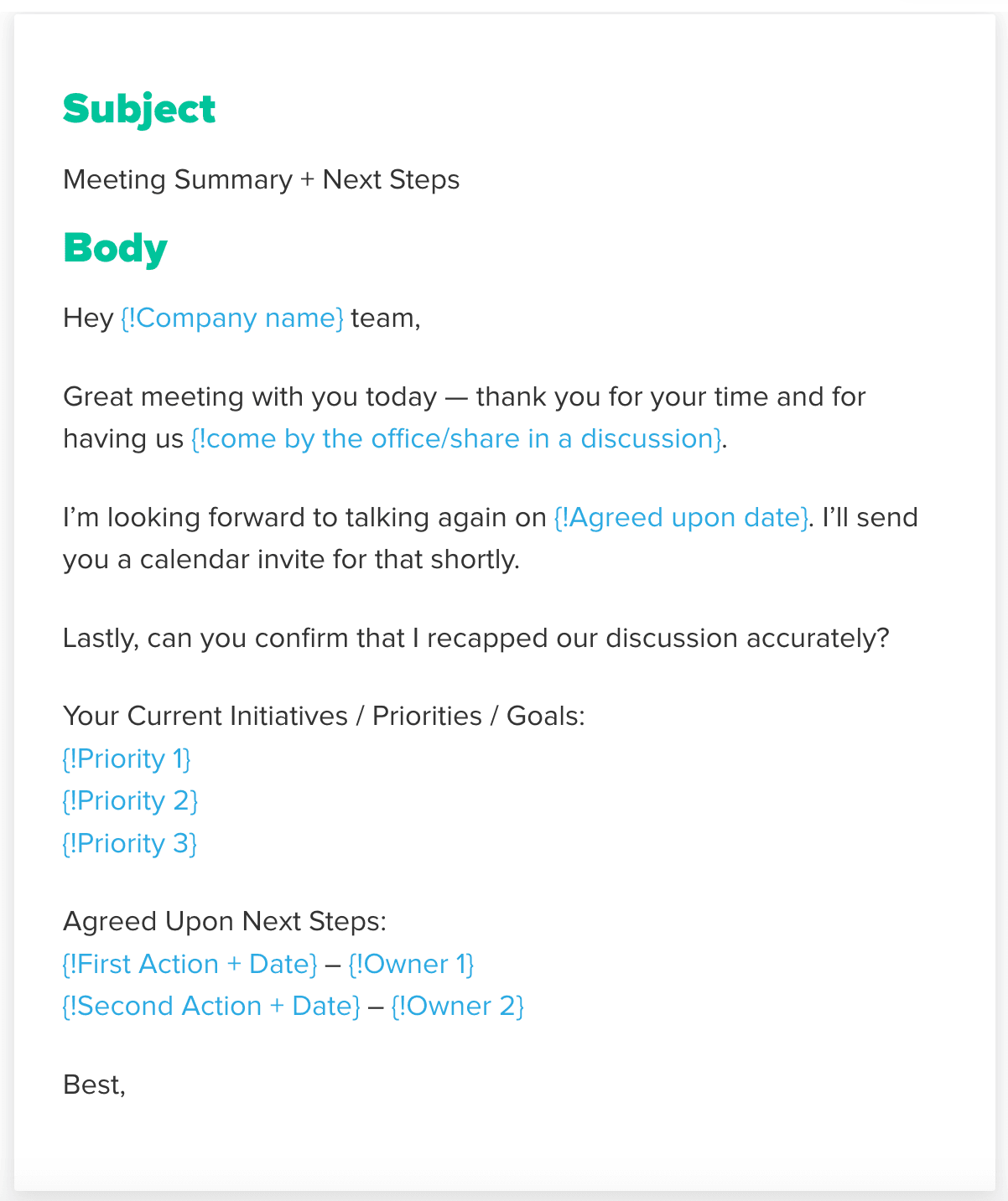 b2b email template example: meeting summary email template