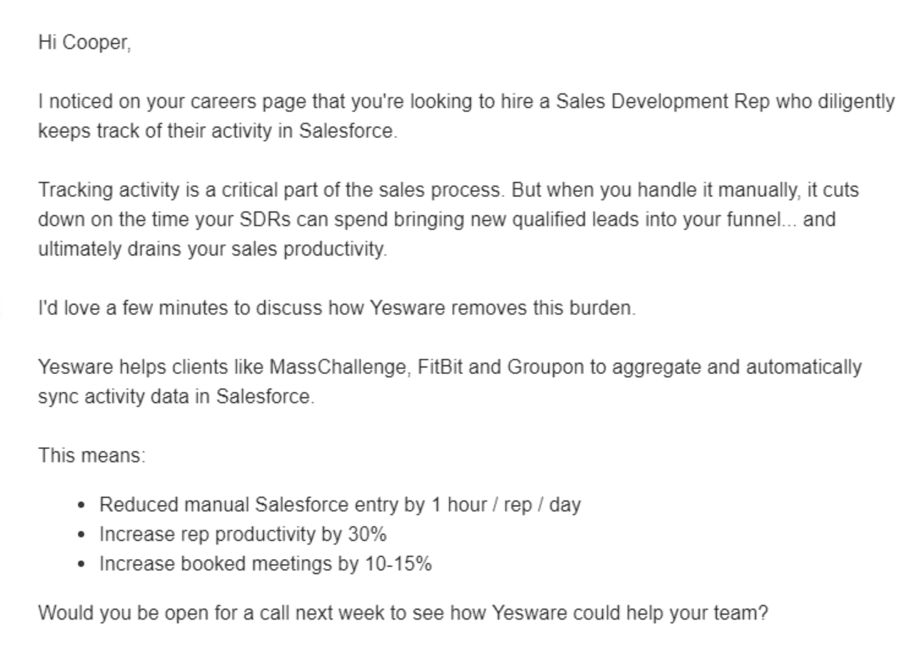 b2b email templates: cold outreach example