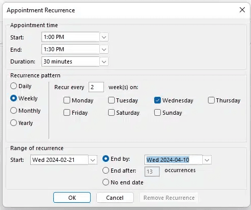how to automate emails in outlook: choose recurrence of events
