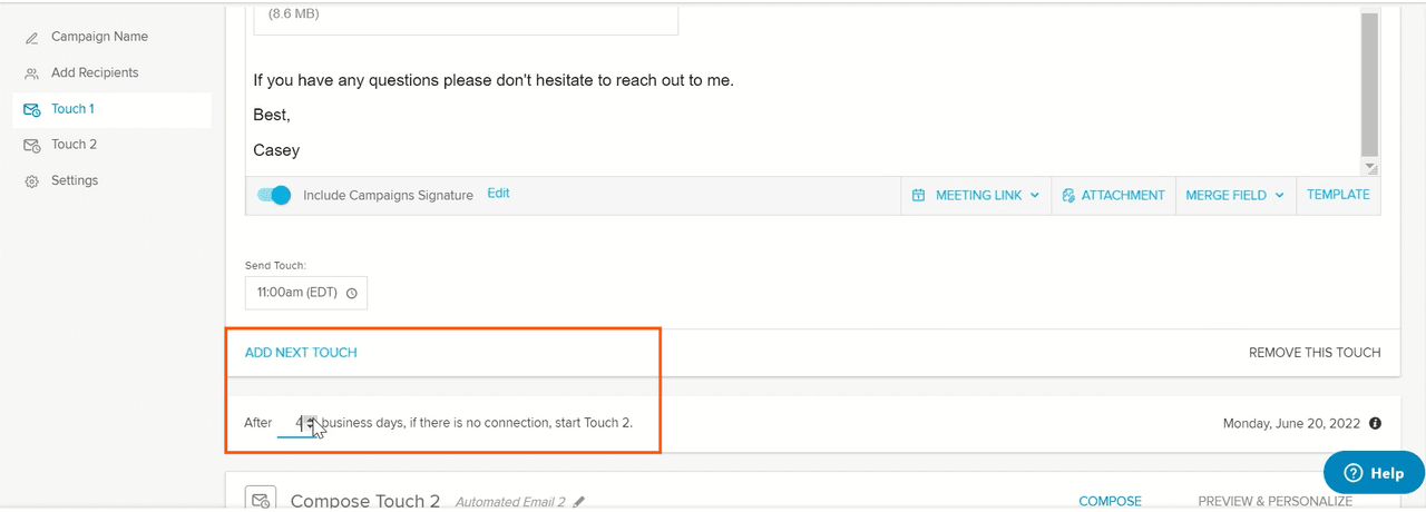 how to automate emails in outlook: choose time period btw touches