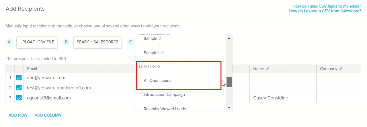 how to automate emails in outlook: select salesforce list leads