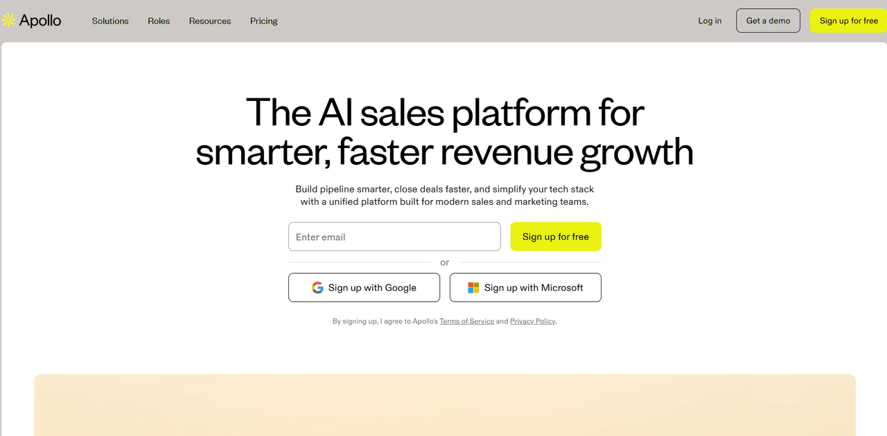 Apollo AI sales platform homepage featuring unified lead generation and pipeline building tools for revenue growth.
